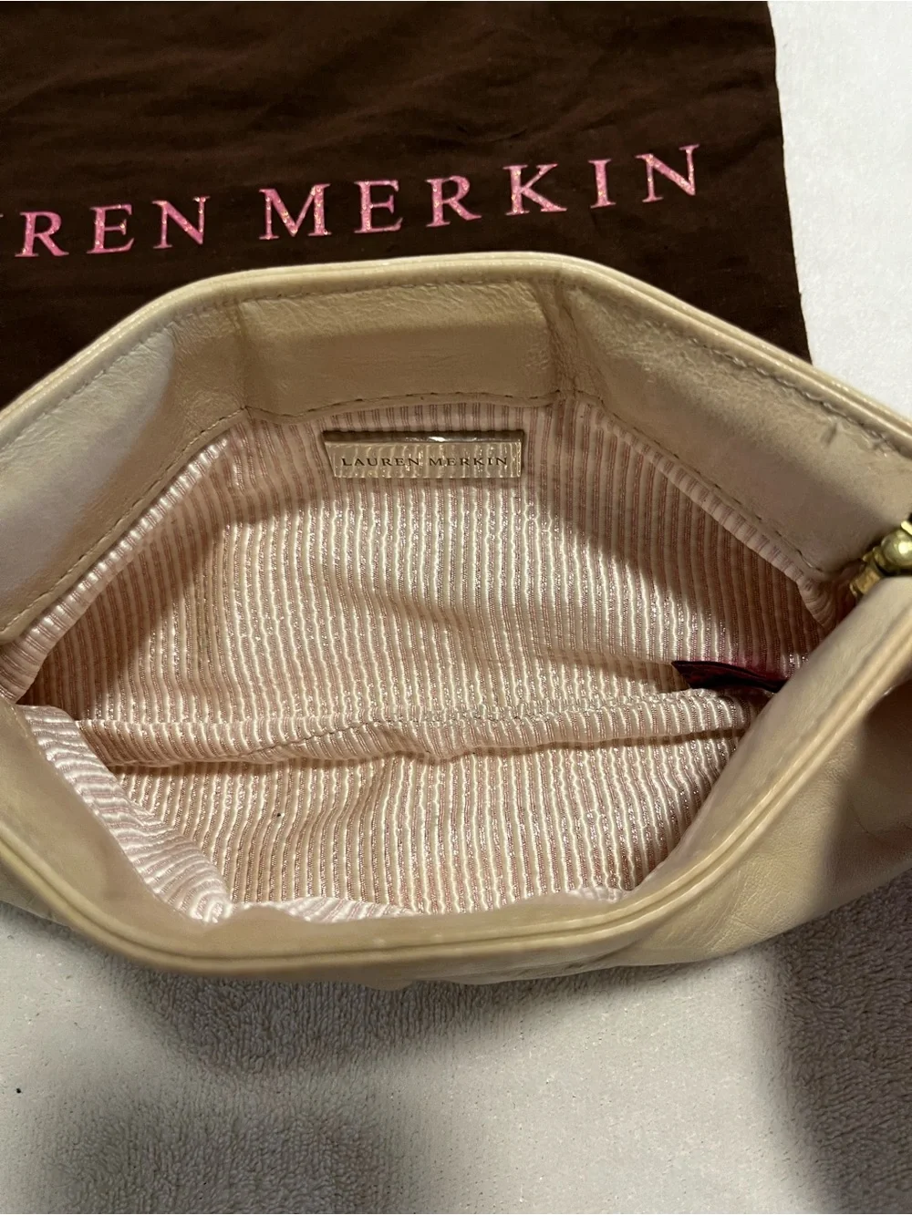 Lauren Merkin Cream Leather Pleated Clutch Handbag w/ Dust Bag